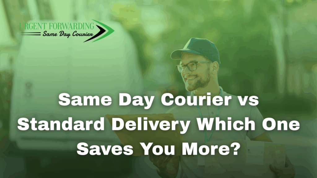 "Delivery driver holding parcels with text overlay Same Day Courier vs Standard Delivery Which One Saves You More by Urgent Forwarding