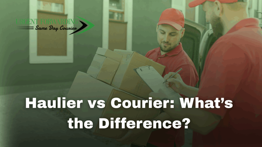 Two delivery workers in red uniforms handling packages and checking a delivery list, representing the difference between haulier and courier services.