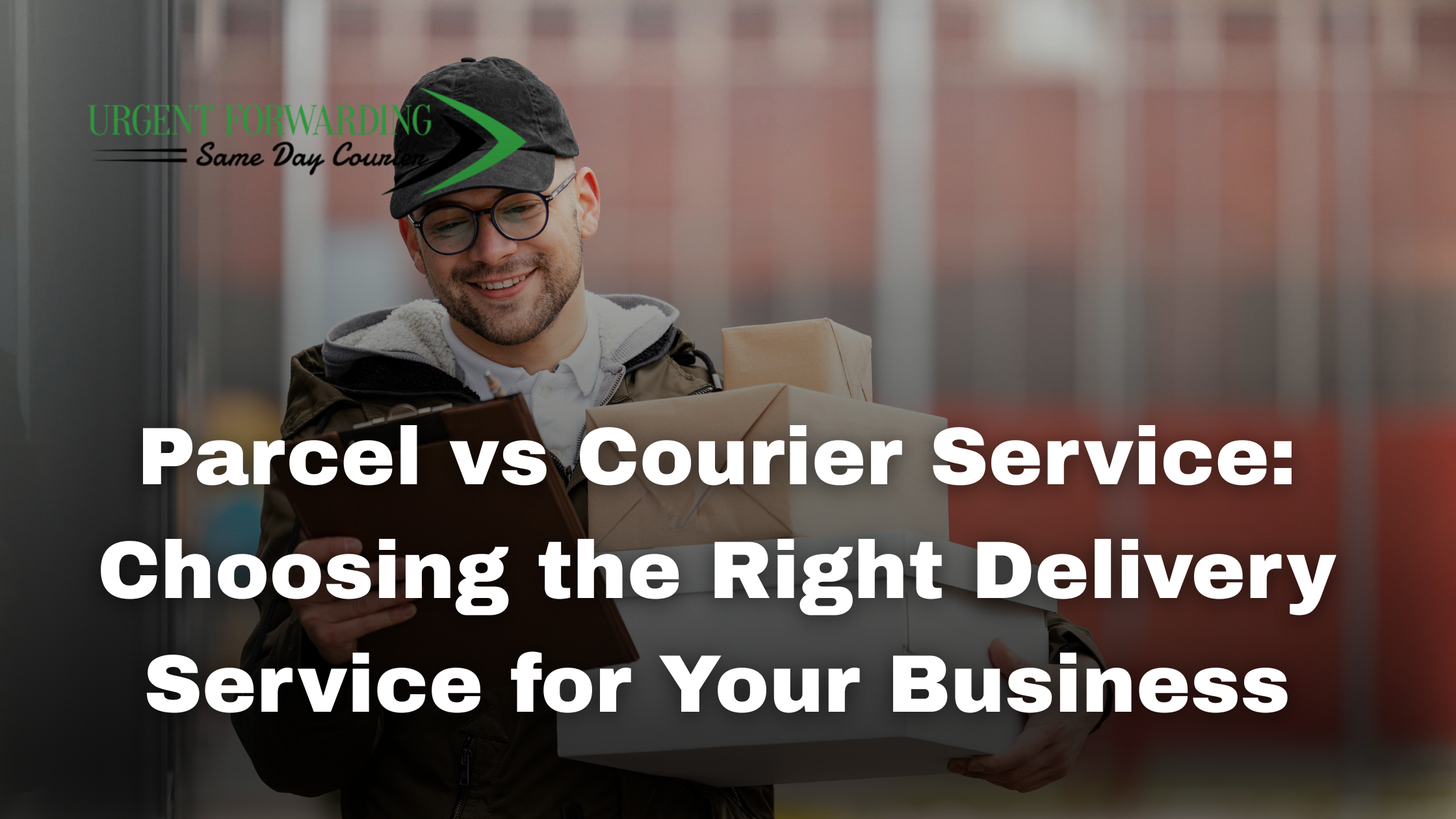 Smiling courier holding parcels with Urgent Forwarding Same Day Courier logo and text Parcel vs Courier Service: Choosing the Right Delivery Service for Your Business.