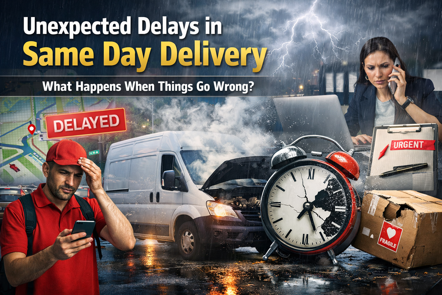 Courier van stuck in traffic with a broken clock, packages marked urgent and fragile, and a stressed businessperson checking a tablet during a storm, illustrating unexpected delays in same day delivery.