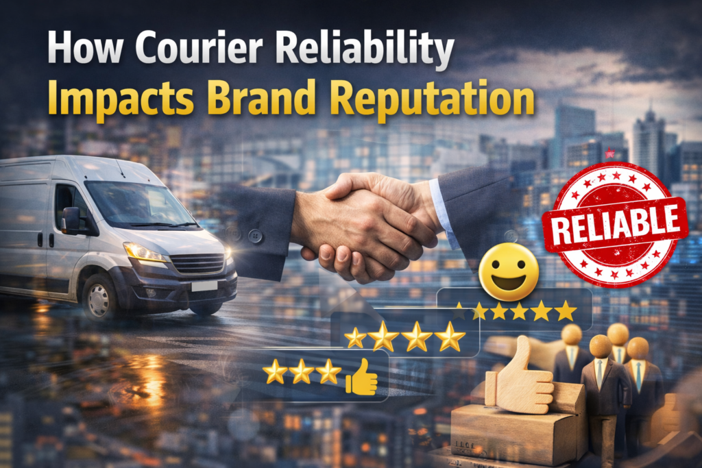Featured image showing a courier van delivering packages, a handshake symbolizing trust, customer feedback icons, and a “RELIABLE” stamp, representing how courier reliability impacts brand reputation.