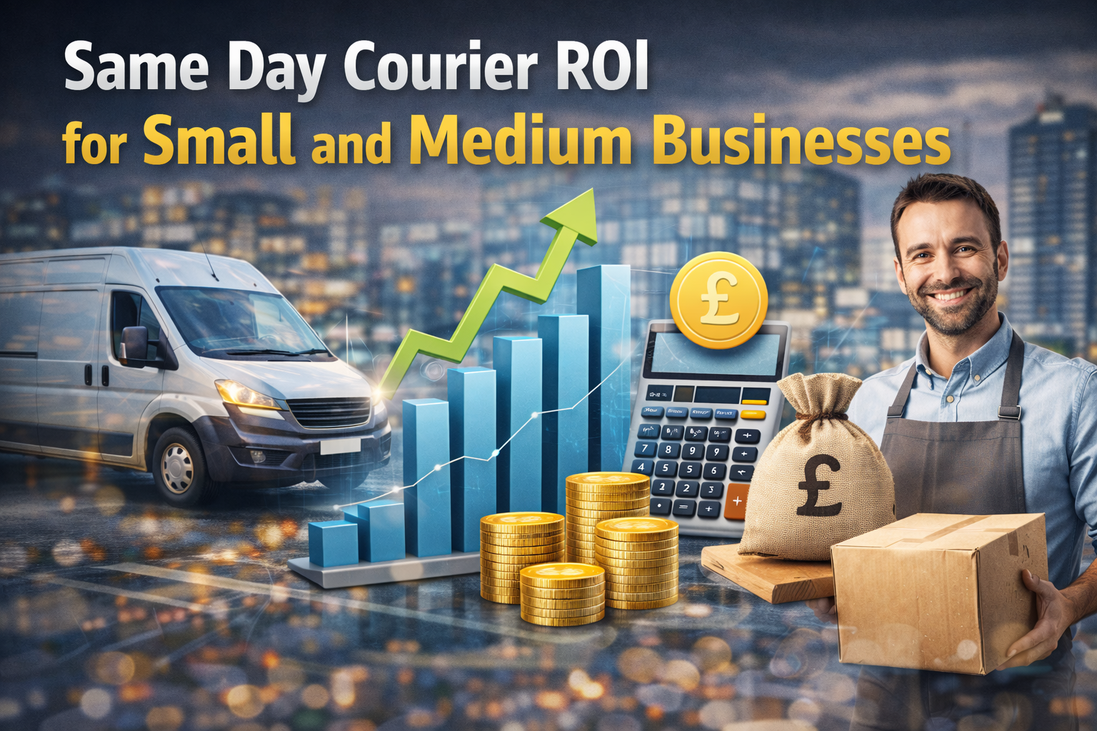 Featured image showing a smiling small business owner holding a package, with a delivery van, stacks of coins, a calculator, and an ascending bar chart symbolizing ROI and business growth from same day courier services.